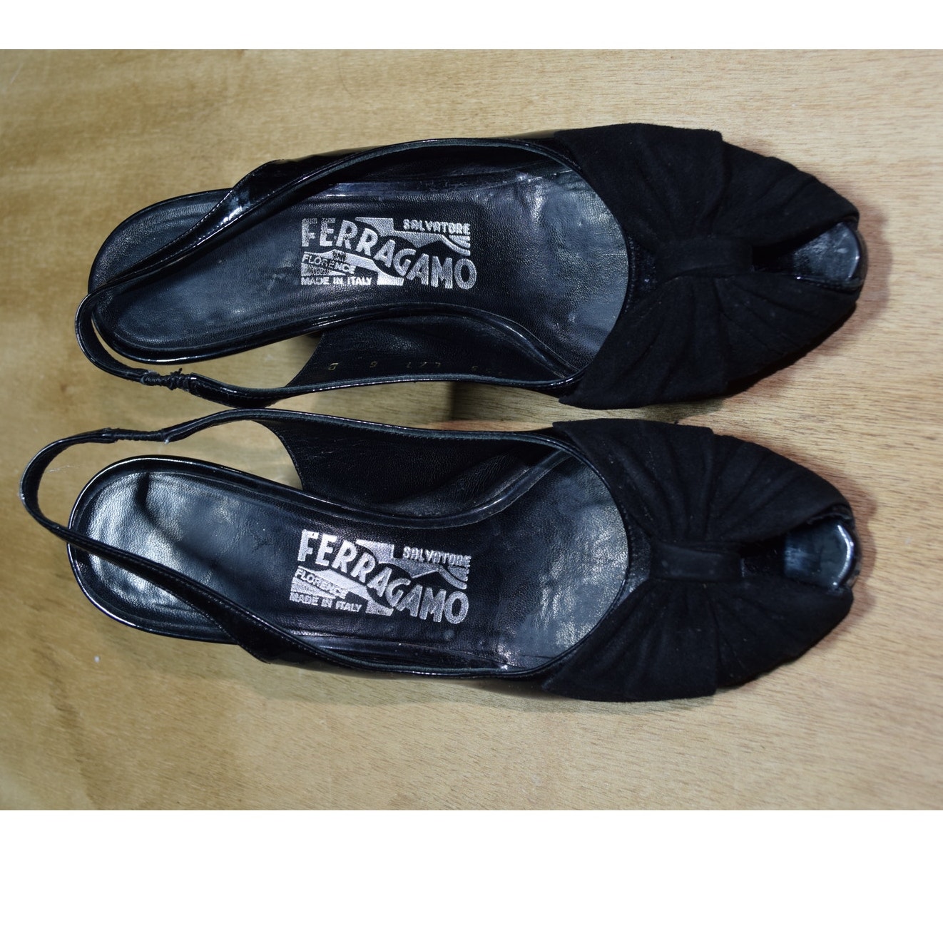 Salvatore Ferragamo Black Slingback Heels Womens Size 6 B Peep Toe Made In Italy